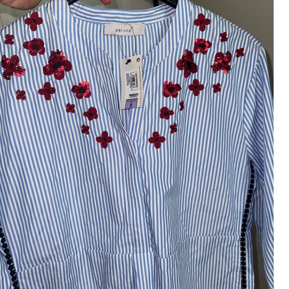 NWT Per Una 3/4 Sleeve Blue And White Striped With Rede Sequin Top UK 8 US 10 - Picture 7 of 9
